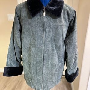 New grey suede and faux fur zip jacket women's size medium